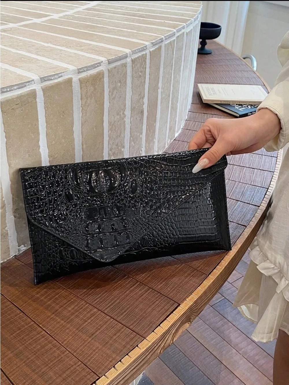 Black Croc-Embossed Envelope Clutch